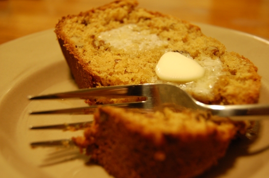 Banana nut bread with melted butter.